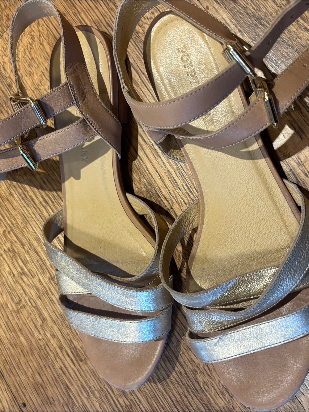 Taupe and Gold Poppy Barley Leather Strappy Sandals